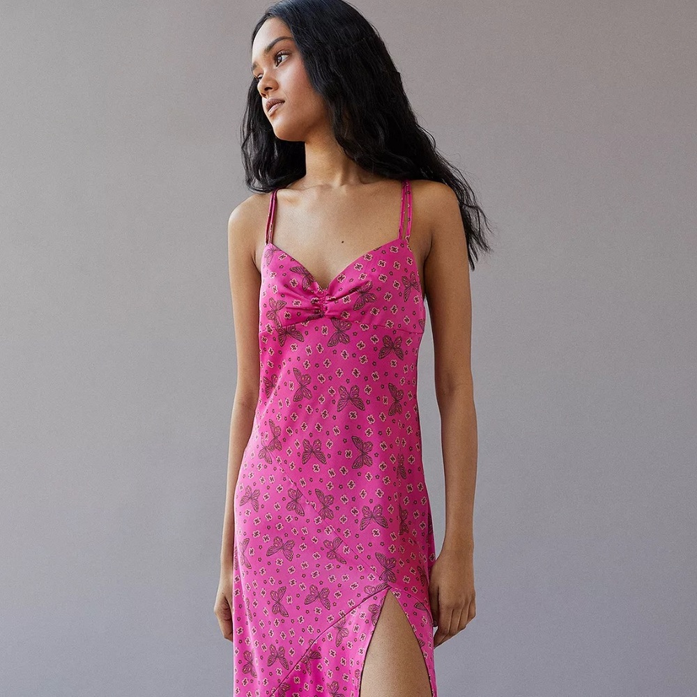 UO Samira Fuchsia Butterfly Midi Slip Dress
